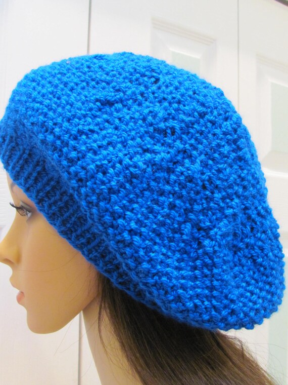 HAT,  BRIGHT BLUE : Stylish Slouchy/tam/beret hat, in a soft yarn,  seed stitch pattern, hand knitted