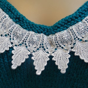 Sale, HANDKNITTED WOMEN'S SWEATER,Teal, Sexy sweater, white embroidered, lace trim and crystal beads, Size medium image 3