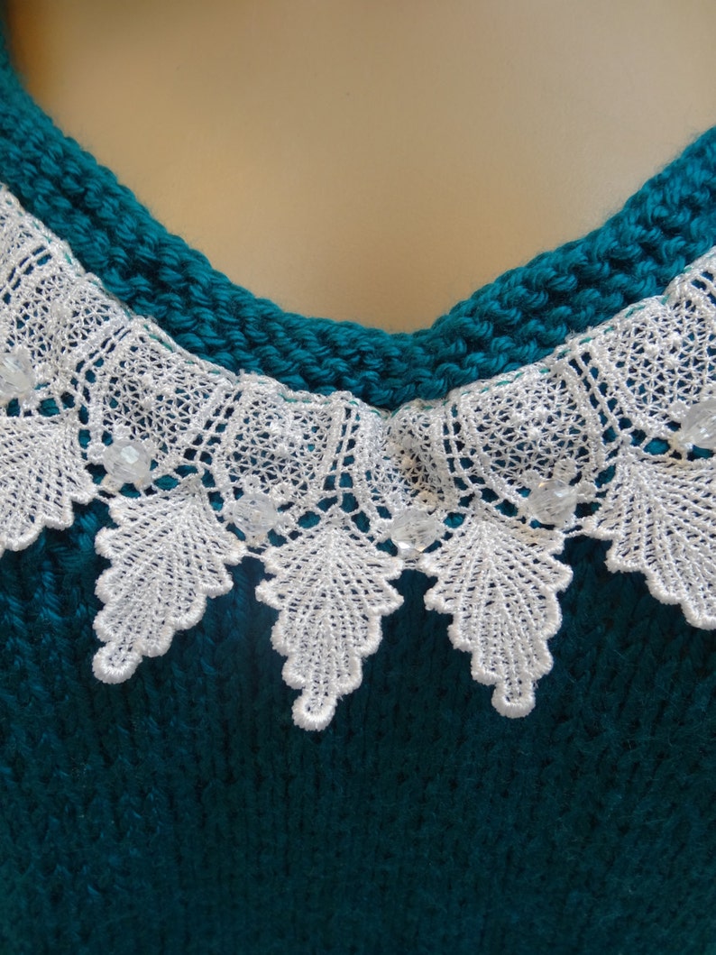 Sale, HANDKNITTED WOMEN'S SWEATER,Teal, Sexy sweater, white embroidered, lace trim and crystal beads, Size medium image 3