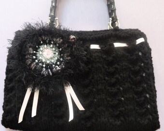 Sale, HANDKNITTED HANDBAG/PURSE, Black, Oversized,  knitted in a designer style, fully lined with a removable velvet rose and satin ribbons