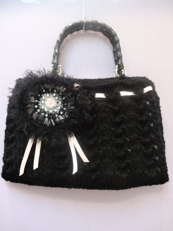 Oversized Black Hand-Knitted Bag: Designer Style with Velvet Rose