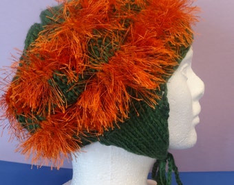 Hand Knit Girl's Hat: Forest Green Acrylic with Terra Cotta Fun Fur