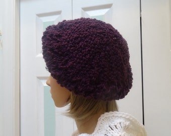 Handknitted, PURPLE WINTER  HAT:   Knit Hat, beret/tam, knitted in a soft acrylic yarn, lacey pattern, one size fits all