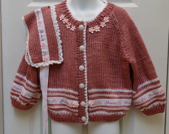 Hand Knit Girls Sweater Set: Plum Wine, Pink, Princess Motif, Size 5-6