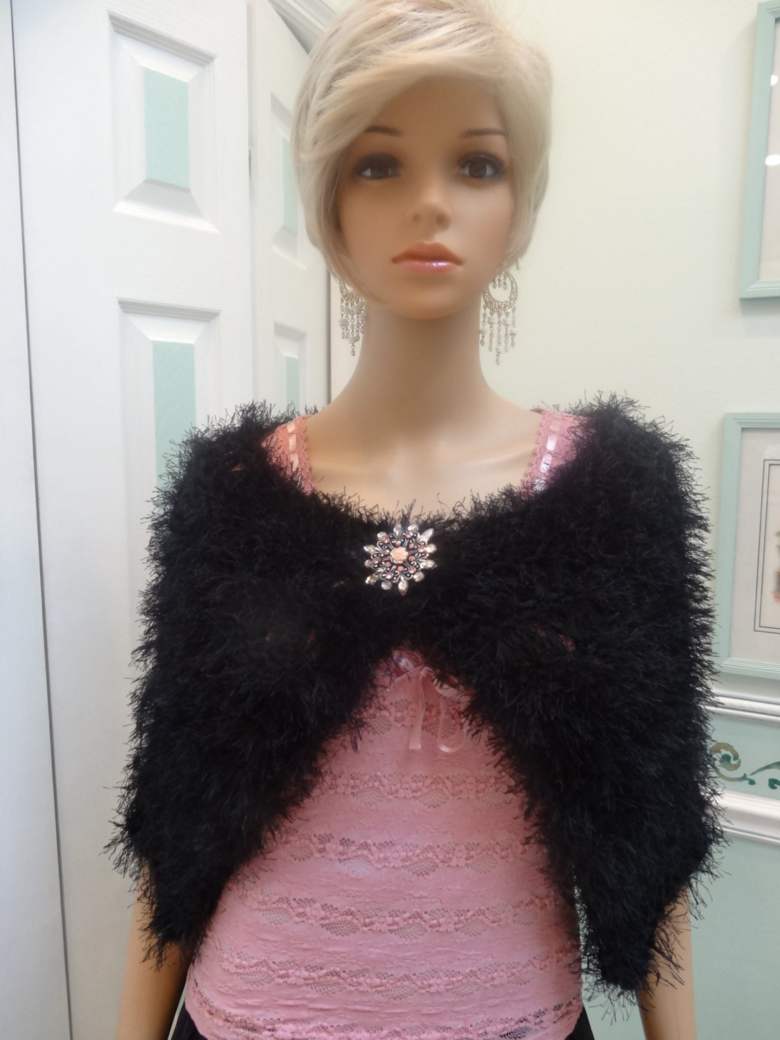 BLACK Cape/ Shrug Hand Knitted Made of Fun Fur and Worsted Etsy