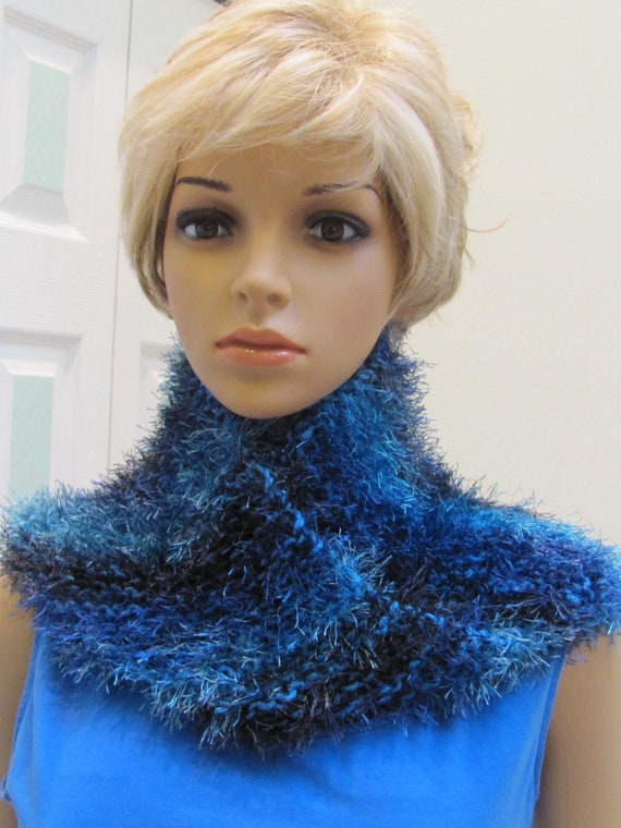 Fun Fur Cowl Scarflette: Sea Blue Fuzzy Yarn