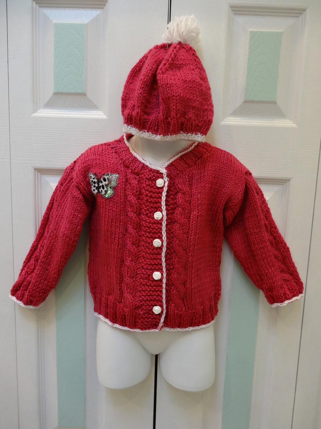 Sale Item, Handknitted, RASPBERRY SWEATER & Hat Set Toddler 2 Size
