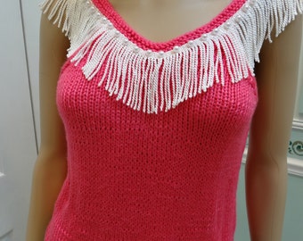 Sale item,Handknitted, WOMEN'S KNIT SWEATER, hot pink, sleeveless, ,white silk fringe and pearl trim