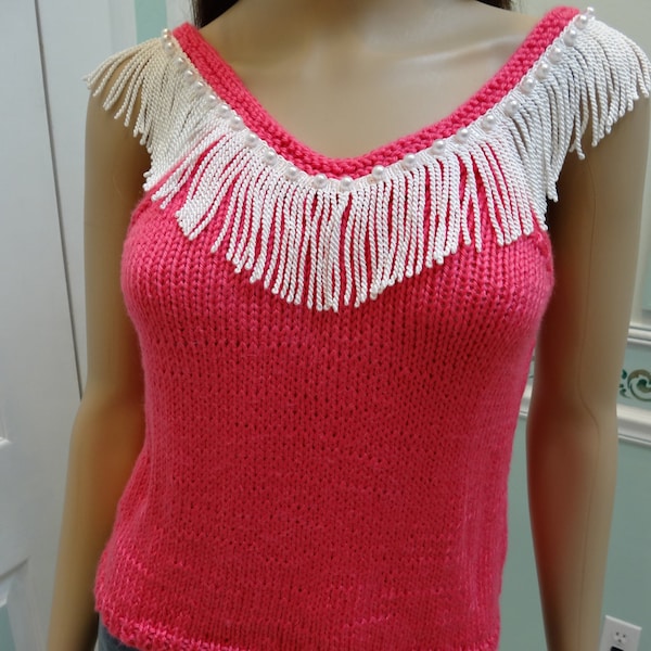 Sale item,Handknitted, WOMEN'S KNIT SWEATER, hot pink, sleeveless, ,white silk fringe and pearl trim