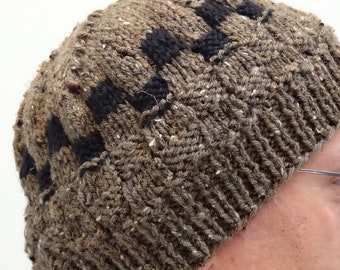 Handknitted, UNISEX, KNIT HAT: beanie/ slouchy style, brown, barley heather, with black checkerboard pattern