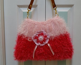 Sale-WOMEN'S HANDKNITTED  PURSE: Crossover,  Shoulder , Lt pink and hot pink fun fur, with leather straps and beaded applique