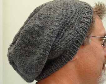 Handknitted, Mens,Grey Knit Hat,slouchy style , acrylic and wool blend one size fits all, Charcoal grey