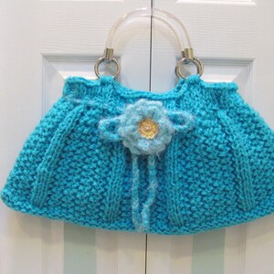 Hand Knitted Turquoise Handbag: Large Purse with Lucite Handles
