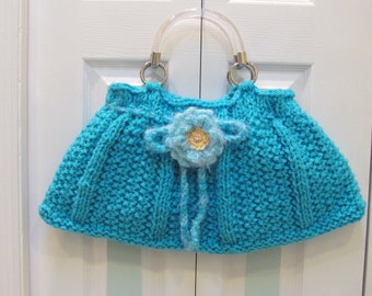 Sale-HANDKNITTED  HANDBAG/ PURSE, fall sale, Large, Turquoise, fully lined with a pocket, draw string ties, silver lucite handles