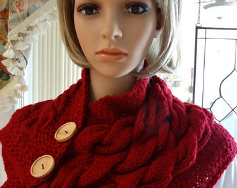 Handknitted, RED, SCARF/COWL, Shoulder cover-up, extra warm , Autumn red, knitted in a cable/seed stitch pattern ,two wooden buttons