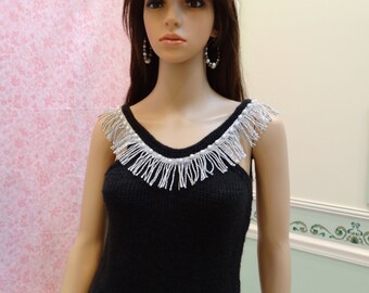 Sale,Handknitted Women's SEXY BLACK SWEATER: sleeveless, tank top with silver fringe and white pearl beads-size 32" to 34"bust