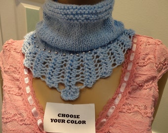 Sale, Handknitted, COWL/NECKCOVER, pick color, Lt Blue, Pink , Lacy, Beaded ,worsted weight yarn, Choose your color,