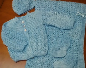 Knit Baby Layette Set: Blue Acrylic Sweater, Hat, Booties & Blanket (6-18 Months)