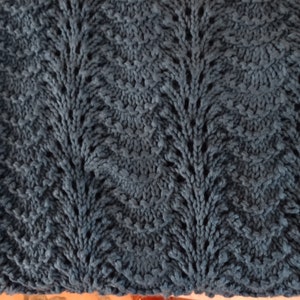 May include: A close-up of a blue knitted blanket with a textured pattern. The blanket is made with a soft yarn and has a delicate, lacy design.