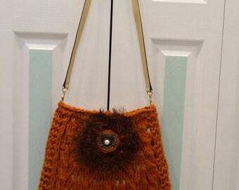 Sale.Handknitted, WOMEN,S SHOULDER HANDBAG,  Pumpkin / Rust, Shoulder,   knit in a lacey pattern stitch, with beige leather shoulder strap.
