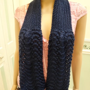 Handknitted, Navy Blue scarf, COUNTESS OF BATHORY of Hungary Scarf, 48 inches long, knitted in Feather and fan pattern stitch image 4