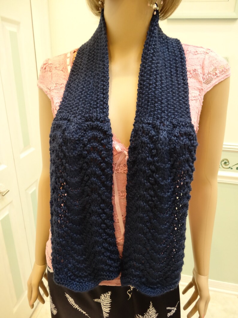 Handknitted, Navy Blue scarf, COUNTESS OF BATHORY of Hungary Scarf, 48 inches long, knitted in Feather and fan pattern stitch image 4