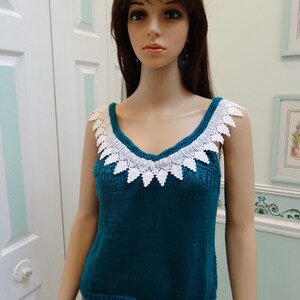 Sale, HANDKNITTED WOMEN'S SWEATER,Teal, Sexy sweater, white embroidered, lace trim and crystal beads, Size medium image 5