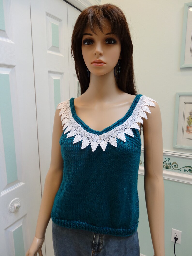 Sale, HANDKNITTED WOMEN'S SWEATER,Teal, Sexy sweater, white embroidered, lace trim and crystal beads, Size medium image 5