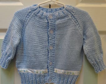 Handknitted, BABY, BLUE SWEATER,  Satin ribbon trim, 'it's a Boy', Size 0 - 6 months, 5 blue buttons,light weight,soft acrylic yarn