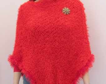 Sale item,Handknitted, PONCHO,RED : ,was 95.00 now 50.00, double knitted, Paton, Allure polyester yarn,fun fur trim,long in back also.