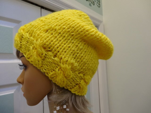 Yellow Knit Slouchy Beanie - Etsy display picture 1