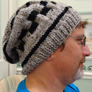 WINTER HAT : Unisex, ,slouchy hat, grey heather and black imported yarn in a checkerboard design