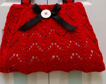 Sale-HANDKNITTED HANDBAG/PURSE, Cherry red, large, knitted in an open stitch pattern, black wood handles, fully lined
