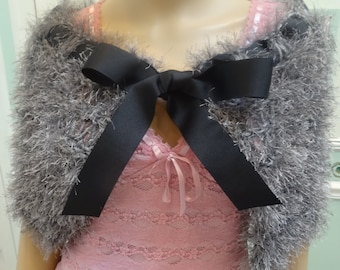 Handknitted, DESIGNER KNIT CAPE, : Etsy sale item-Sterling Grey Cape/shrug,  Elegant,  fun fur with black grograin ribbon tie