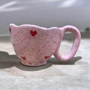 Handmade Ceramic Mug with Red Hearts – Cute Romantic Coffee Cup – Pottery Tea Cup – Valentine’s Gift Idea