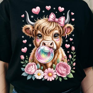 Highland Cow with Bubble Gum & Bow: Floral Farm Animal SVG PNG (Digital Download)