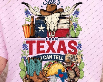 Ella es de Texas, puedo decirlo PNG, diseño de sublimación de vaquera del oeste, camiseta de calavera de toro de Texas PNG, chica sureña PNG, sublimación de orgullo texano