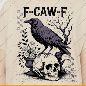 F-Caw-F Raven PNG | Crow Raven SVG | Gothic Floral Checkered PNG, Funny Halloween Dark Bird Design, Spooky Grunge Digital Download 300 Dpi