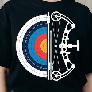 May include: Black t-shirt featuring a white archery design. The design includes a target, bow, and arrows. The target has concentric rings of red, yellow, blue, and white. The text "Digital Download File" and "SVG-DXF-PNG-EPS" are at the bottom.