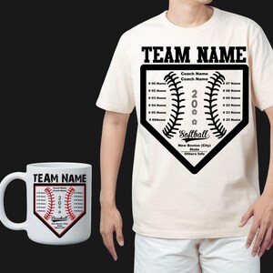 May include: Cream-colored t-shirt and white mug featuring a baseball diamond design with the text "TEAM NAME" at the top. The design includes space for team member names and the year 200. The mug and shirt are on a black background.