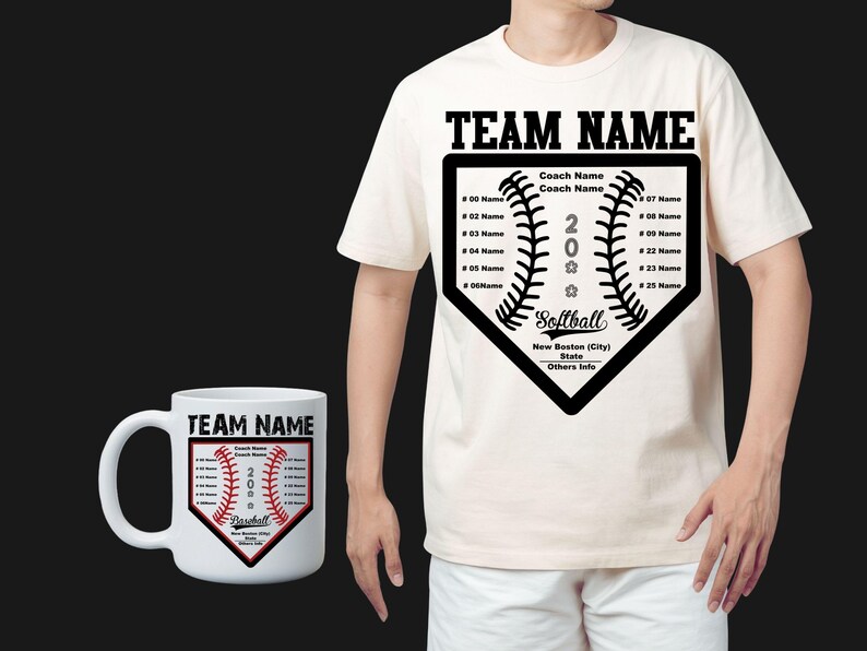 May include: Cream-colored t-shirt and white mug featuring a baseball diamond design with the text "TEAM NAME" at the top. The design includes space for team member names and the year 200. The mug and shirt are on a black background.