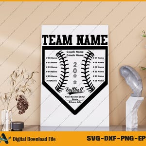 May include: A white softball team roster template with a black and white baseball graphic. The text includes "Team Name", "Softball", and "New Boston (City)". The design is available as a digital download file.