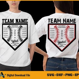 May include: White t-shirts with baseball and softball designs. The softball shirt has a black and white design, while the baseball shirt has a red and black design. Both shirts feature the text "TEAM NAME" and a list of names.