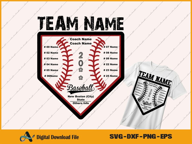 May include: A digital design featuring a baseball-themed graphic. The design includes the text "TEAM NAME" at the top, a baseball diamond shape with player names, and the year "2023". A white t-shirt with the same design is also shown.