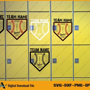 May include: Digital download file featuring baseball-themed designs. The designs include baseballs, team name text, and a list of coach names and game stats. The designs are in black, red, and white, set against a yellow background.