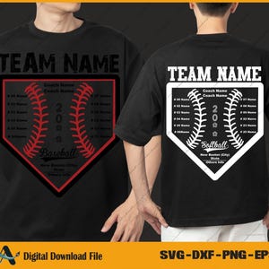 May include: Black t-shirts with baseball and softball designs. The front shirt features a red baseball design with the text "Baseball" and "2020". The back shirt has a white softball design with the text "Softball" and "2020".