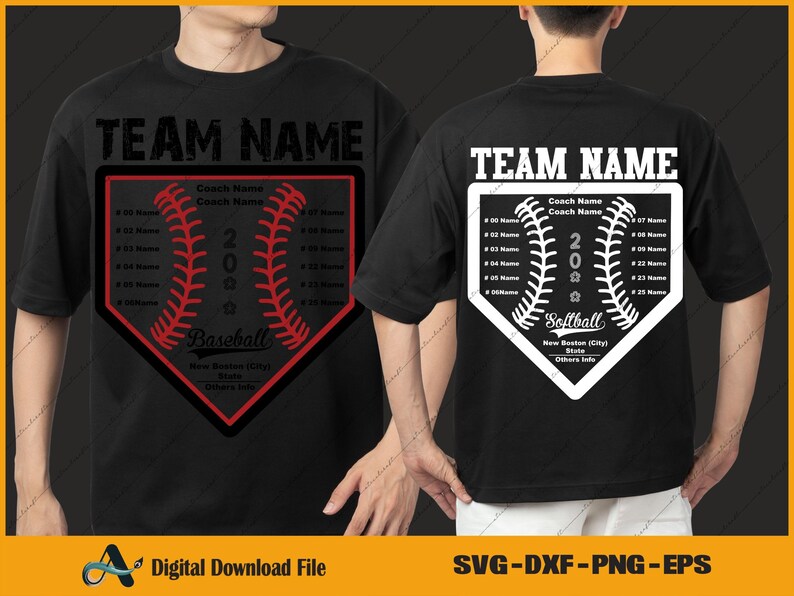 May include: Black t-shirts with baseball and softball designs. The front shirt features a red baseball design with the text "Baseball" and "2020". The back shirt has a white softball design with the text "Softball" and "2020".