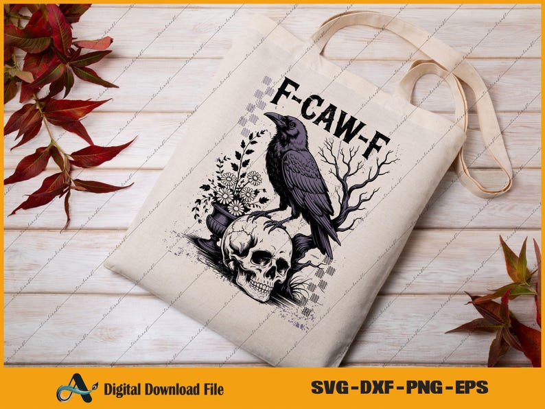 May include: A beige tote bag featuring a black raven perched on a skull, with the text "F-CAW-F". The design includes floral and branch elements. The bag has cream-colored handles and is suitable for carrying items.