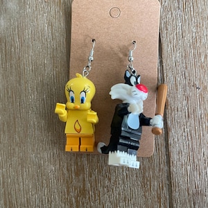 Mini figure earrings, cat and bird,  retro, toys, quirky, vintage, cute, fun, colourful, 80’s cartoon, warner bros.