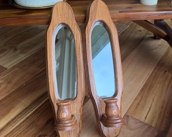 Pair of Vintage Oak Wood Mirror Wall Sconces | Rustic Cabin Cottagecore Candle Holder Decor